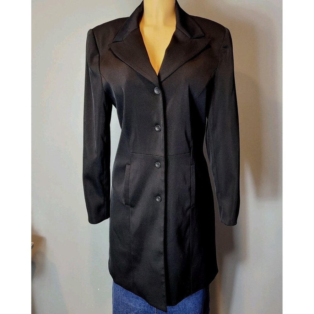 Vintage 90s Y2K Long‎ Black Collared Parisian Jacket Indie Sleeze Size 12 Goth